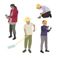 set of 4 archaeologists. People are excavating archaeological sites. A woman is looking through a magnifying glass, a man is digging. Uses a tablet, sweeps the earth with a brush vector