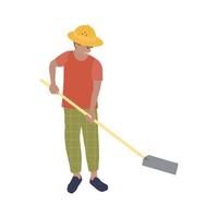 Male archaeologist with a shovel in his hands who is excavating or building. A man in a cork helmet digs with a shovel. vector