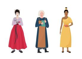 Vector illustration of 3 girls from Thailand, China and Scandinavia. Women from Asia and Europe, traditions and customs