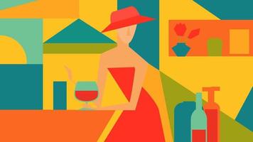 Vector illustration of a woman in a red dress drinks wine in a cafe by the sea. Cubism. Abstract art.