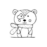 encantador oso de peluche en una bufanda de invierno de estilo escandinavo dibujada a mano. bebé, lindo bosque animal año nuevo y navidad postales vector
