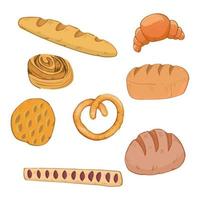 Vector illustration with set in hand-drawn style on the theme of baking and flour products. Rolls, bread, loaf, baguette, bagels, croissants, pie and other bakery products from a bakery or pastry shop