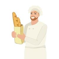 Vector illustration with a baker man holding a paper bag with baguette in his hands. Design of natural, farm products, pastries, home bakery, small business