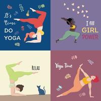 Happy oversized women in yoga position for motivation. It's time do yoga. Sports and health body positive concept for postcard, yoga classes t-shirt active lifestyle vector