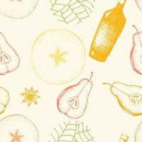 Vector seamless pattern with apples and pears, leaves and a bottle of cider. Illustration of warm colors with alcohol and harvest for packaging and drinks.