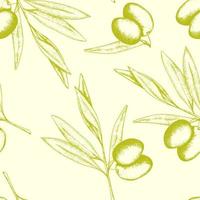 Vector illustration with seamless pattern of green olive branch on a light  background. Label for olive oil producers, olive packaging design, wrapping and fabric print