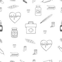 patrón sin costuras de farmacia. fondo con símbolos médicos y de atención de la salud. ilustración de vector de estilo de doodle dibujado a mano