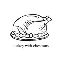 Vector illustration of a French dish - turkey with chestnuts. Dishes for Christmas and New Year.