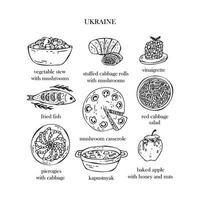 Vector set of illustrations of Ukrainian Christmas dishes. New Year. Traditional food of Ukraine.