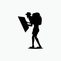 silhouette of old man hiker reading map vector