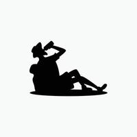 silhouette of old man hiker resting drinking water. vector