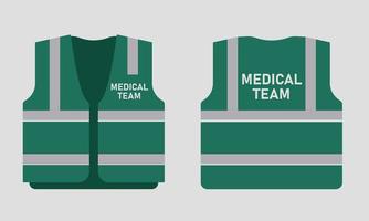 Medical team vest front and back view. Uniform for doctors, AID. Safety clothes with reflective stripes. Vector illustration on white background