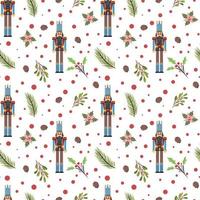 Beautiful Christmas seamless pattern with nutcracker, pinecones, leaves and flowers on white background. For textile, wrapping paper, cards, backgrounds, packaging. Vector seamless pattern.