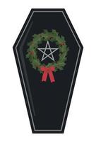 Creepy Christmas black coffin, wreath with pentagram and bow. Isolated on white background. Holiday greeting card template. Hand drawn style vector illustration.