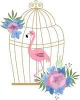 flamingo in a birdcage decorated with flowers, tropical flat style illustration vector