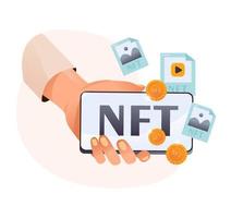 Hand holds a smartphone with nft-marketplace based on blockchain technology, on the screen NFT non-fungible token and digital items with cryptographic art for sale on the Internet market. vector