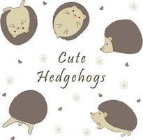 Cute hedgehogs set with flowers and hearts. Children's hand drawn vector illustration.