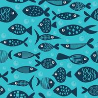 A set of different, unusual, bright fish. Pattern for textiles. Hand-drawn vector illustration. Underwater world. Cartoon contour style blue colors