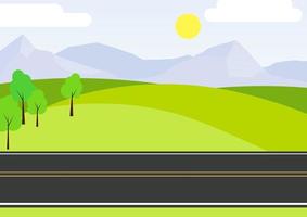 Road and green landscape mountains and sun vector