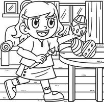 niña pintando huevo de pascua página para colorear para niños vector