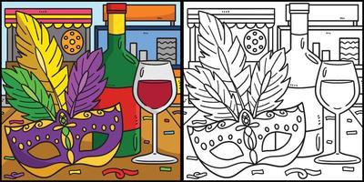 mardi gras máscara y vino para colorear ilustración vector