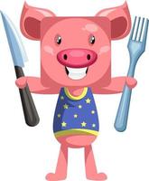 Pig with knife and fork, illustration, vector on white background.