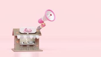 shop store front with businessman hand hold megaphone, hand speaker, coffee shop isolated on pink. promotion online shopping sale, startup franchise business concept, 3d animation video