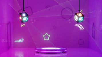 3D-Zylinder-Bühnenpodest leer im Raum mit Neon-, Disco-Lichtern, abstraktem geometrischem Kosmetik-Schaukastensockel lila, violetter Hintergrund. mockup moderne szene, 3d-animation video