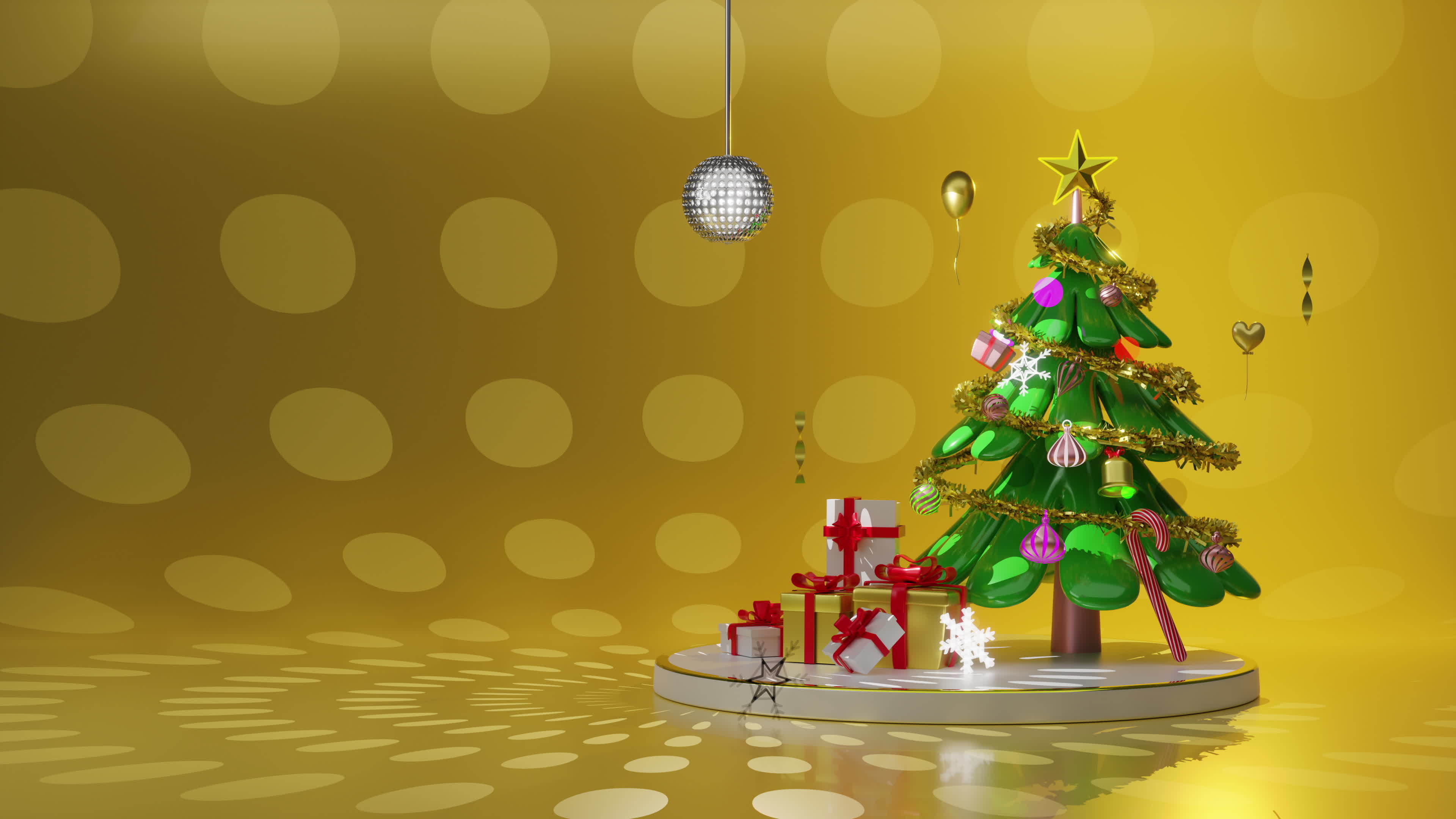 Christmas tree with ball disco lights, snow flakes, ornaments, gift box
