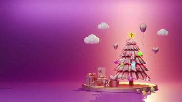 podium mit weihnachtsbaum und ornamenten in lila oder violetter komposition für moderne bühnendarstellung, modell, konzeptweihnachten und festliches neujahr, 3d-animation video