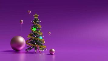 árvore de natal e ornamentos em composição roxa ou violeta para site, banner de natal de felicidade e ano novo festivo, animação 3d video
