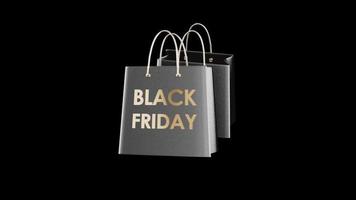 sacs noirs rotatifs avec inscription dorée black friday. ventes et achats boucle de rendu 3d animation 4k video