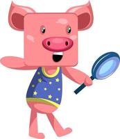 Pig with magnifying glass, illustration, vector on white background.