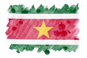 Suriname flag is depicted in liquid watercolor style isolated on white background photo