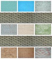 A collage of many pictures with fragments of brick walls of different colors close-up. Set of images with varieties of brickwork photo