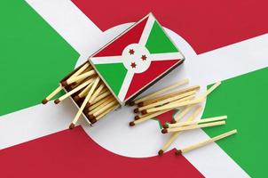 Burundi flag is shown on an open matchbox, from which several matches fall and lies on a large flag photo