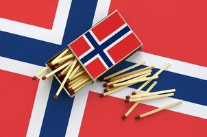 Norway flag is shown on an open matchbox, from which several matches fall and lies on a large flag photo