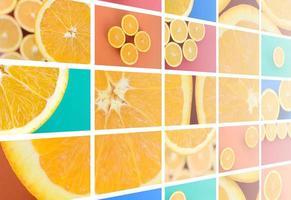 A collage of many pictures with juicy oranges. Set of images with fruits on backgrounds of different colors photo