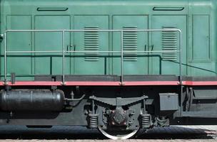 The wheels of a modern Russian electric train with shock absorbers and braking devices. The side of the cab photo