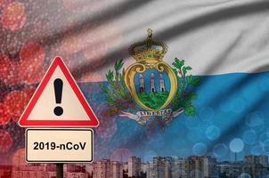 San Marino flag and Coronavirus 2019-nCoV alert sign. Concept of high probability of novel coronavirus outbreak through traveling tourists photo