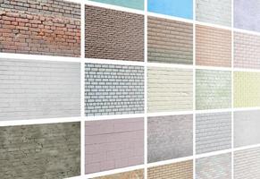 A collage of many pictures with fragments of brick walls of different colors close-up. Set of images with varieties of brickwork photo