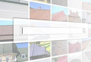 Visualization of the search bar on the background of a collage of many pictures with fragments of various types of roofing. Set of images with roofs photo