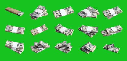 Big set of bundles of US dollar bills isolated on chroma key green. Collage with many packs of american money with high resolution on perfect green background photo