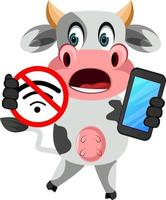 Cow with no wifi signal, illustration, vector on white background.