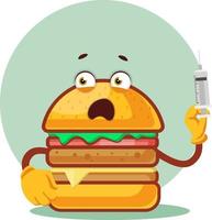 Burger is holding a syringe, illustration, vector on white background.