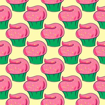 Cupcakes pattern, seamless pattern on yellow background. vector
