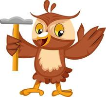 Owl with hammer, illustration, vector on white background.