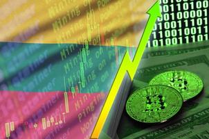 Lithuania flag and cryptocurrency growing trend with two bitcoins on dollar bills and binary code display photo