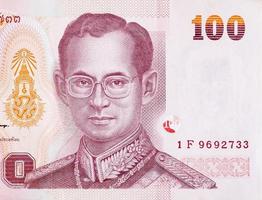 King Bhumibol Adulyadej on 100 Baht Thailand money bill close up photo