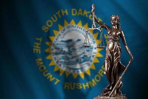 South Dakota US state flag with statue of lady justice and judicial scales in dark room. Concept of judgement and punishment photo